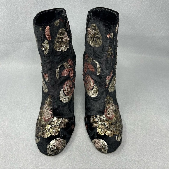 ALDO-Black Velvet Booties/Embroidered/Sequins-Leather Insole-Side Zip-SZ 7 - Picture 5 of 11